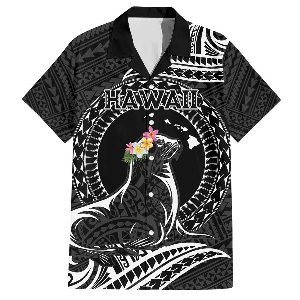 Personalised Hawaii Monk Seal Family Matching Short Sleeve Bodycon Dress and Hawaiian Shirt Polynesian Tattoo With Tropical Flowers - Black