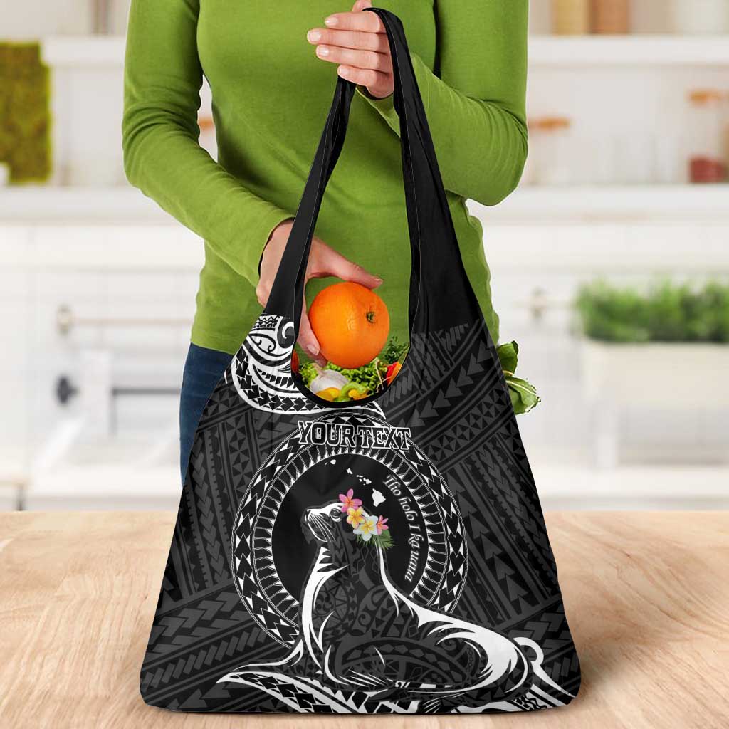 Personalised Hawaii Monk Seal Grocery Bag Polynesian Tattoo With Tropical Flowers - Black LT14 - Polynesian Pride