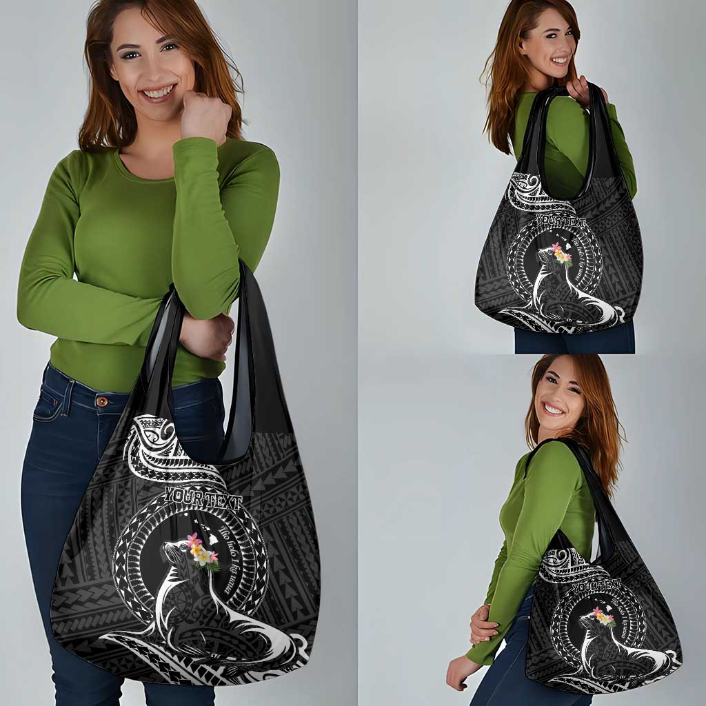 Personalised Hawaii Monk Seal Grocery Bag Polynesian Tattoo With Tropical Flowers - Black LT14 - Polynesian Pride