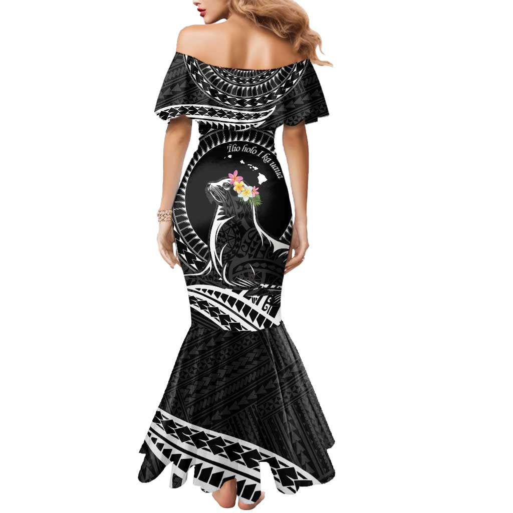 Personalised Hawaii Monk Seal Mermaid Dress Polynesian Tattoo With Tropical Flowers - Black