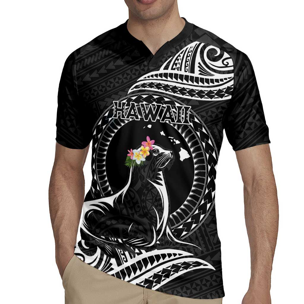 Personalised Hawaii Monk Seal Rugby Jersey Polynesian Tattoo With Tropical Flowers - Black