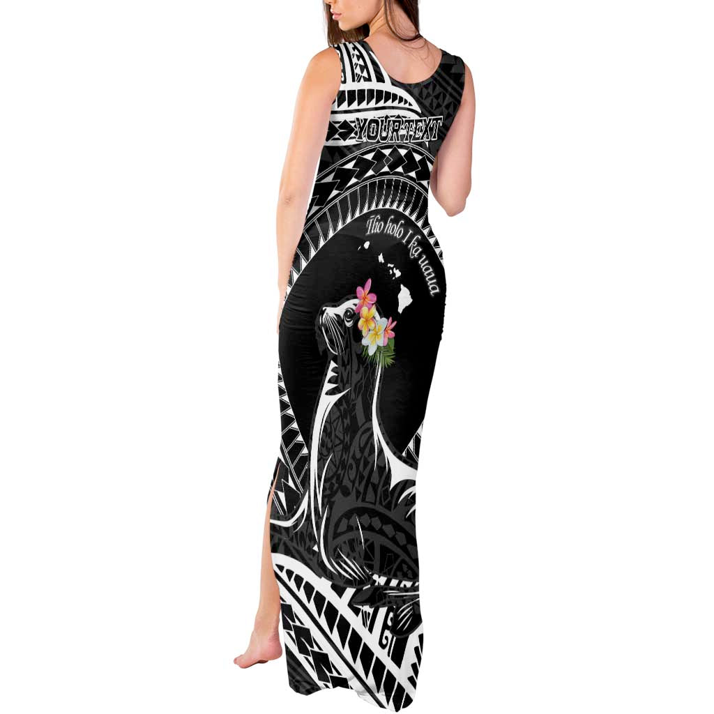 Personalised Hawaii Monk Seal Tank Maxi Dress Polynesian Tattoo With Tropical Flowers - Black