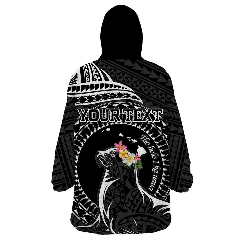 Personalised Hawaii Monk Seal Wearable Blanket Hoodie Polynesian Tattoo With Tropical Flowers - Black