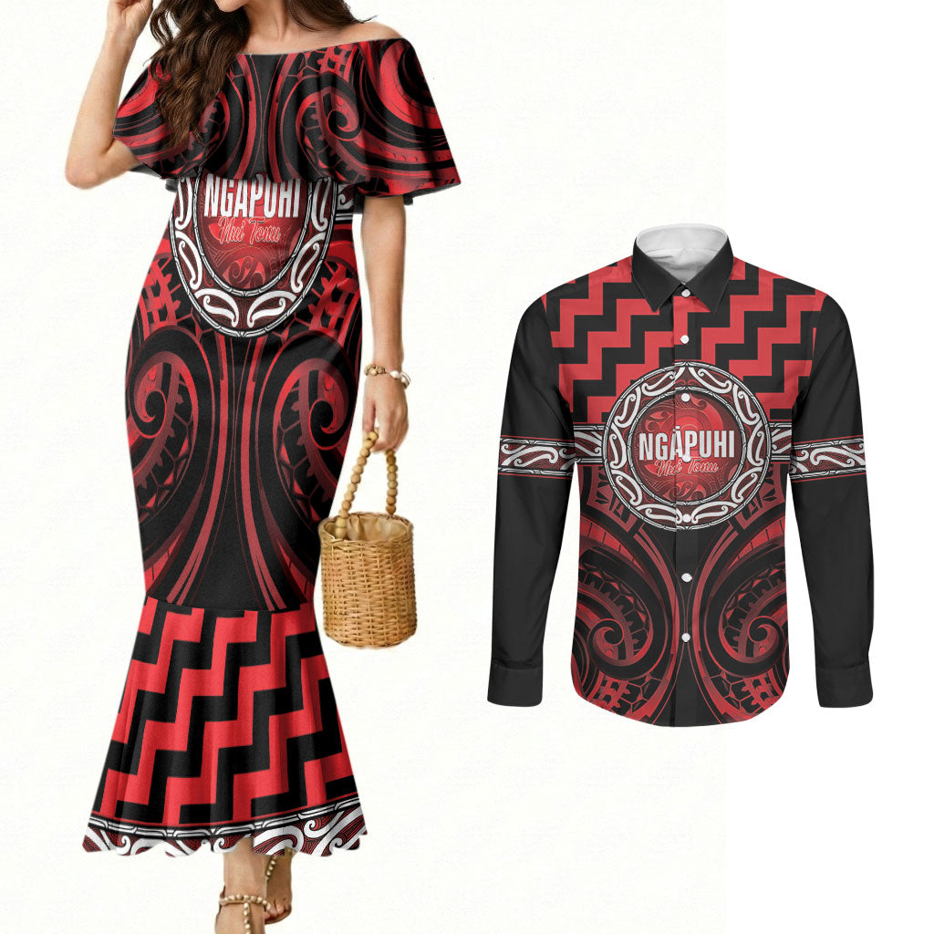 Aotearoa Ngapuhi Personalised Couples Matching Mermaid Dress and Long Sleeve Button Shirt Maori Iwi Poutama Puhoro Tattoo