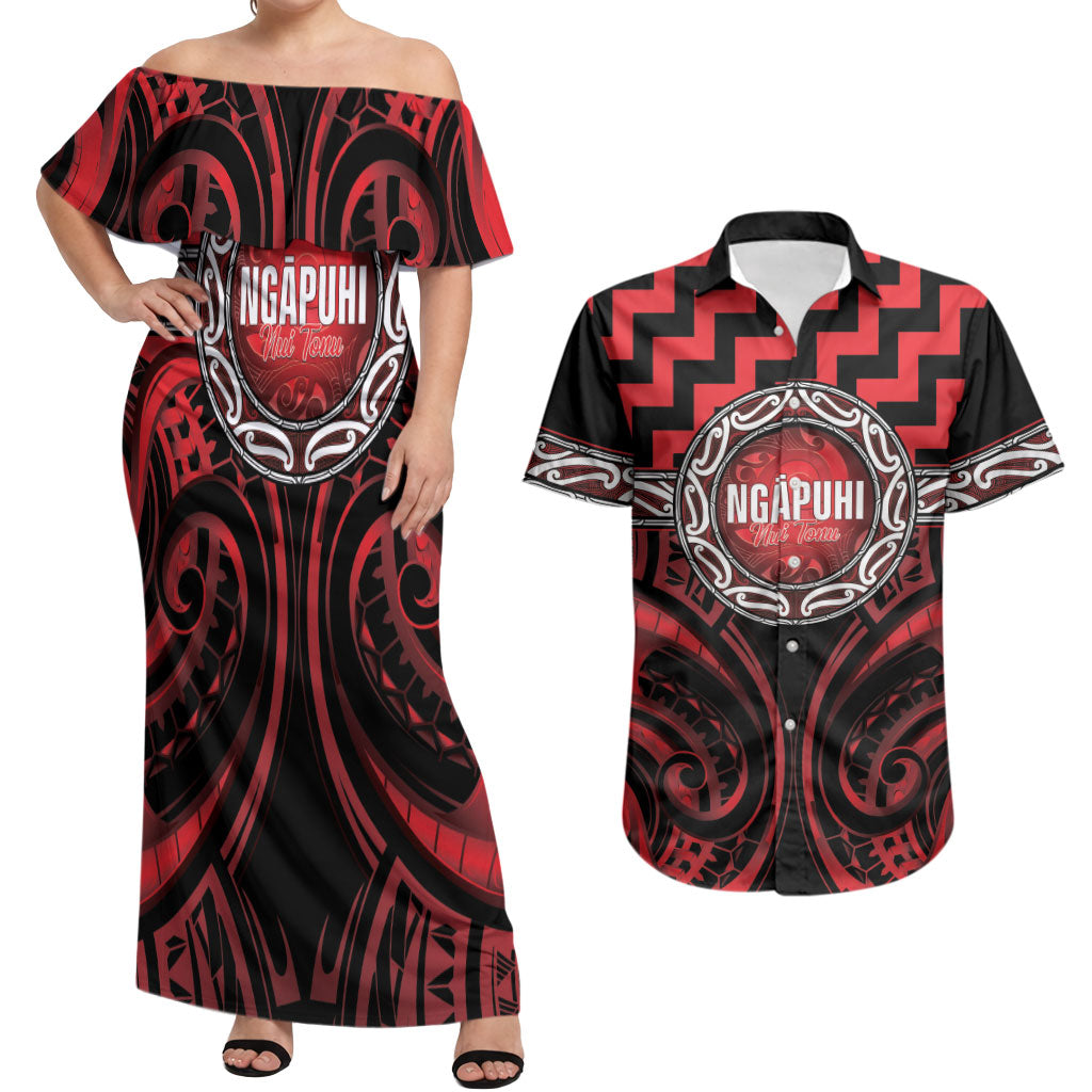 Aotearoa Ngapuhi Personalised Couples Matching Off Shoulder Maxi Dress and Hawaiian Shirt Maori Iwi Poutama Puhoro Tattoo