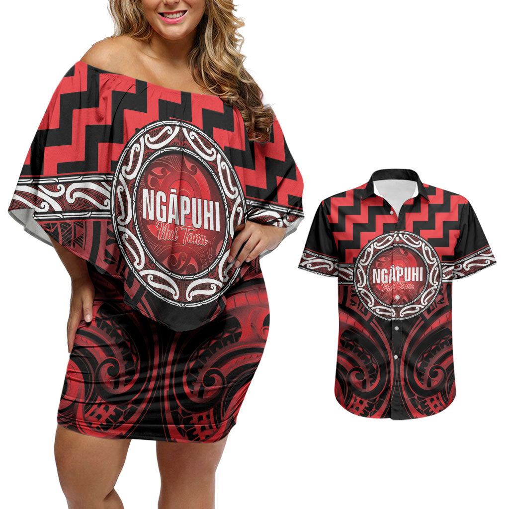 Aotearoa Ngapuhi Personalised Couples Matching Off Shoulder Short Dress and Hawaiian Shirt Maori Iwi Poutama Puhoro Tattoo LT14 Red - Polynesian Pride