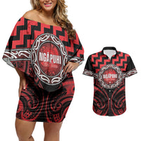 Aotearoa Ngapuhi Personalised Couples Matching Off Shoulder Short Dress and Hawaiian Shirt Maori Iwi Poutama Puhoro Tattoo