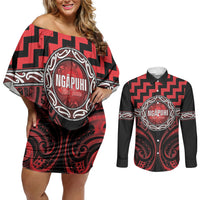 Aotearoa Ngapuhi Personalised Couples Matching Off Shoulder Short Dress and Long Sleeve Button Shirt Maori Iwi Poutama Puhoro Tattoo