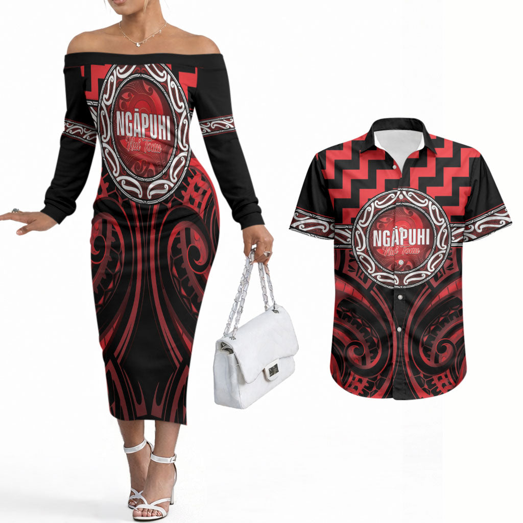 Aotearoa Ngapuhi Personalised Couples Matching Off The Shoulder Long Sleeve Dress and Hawaiian Shirt Maori Iwi Poutama Puhoro Tattoo