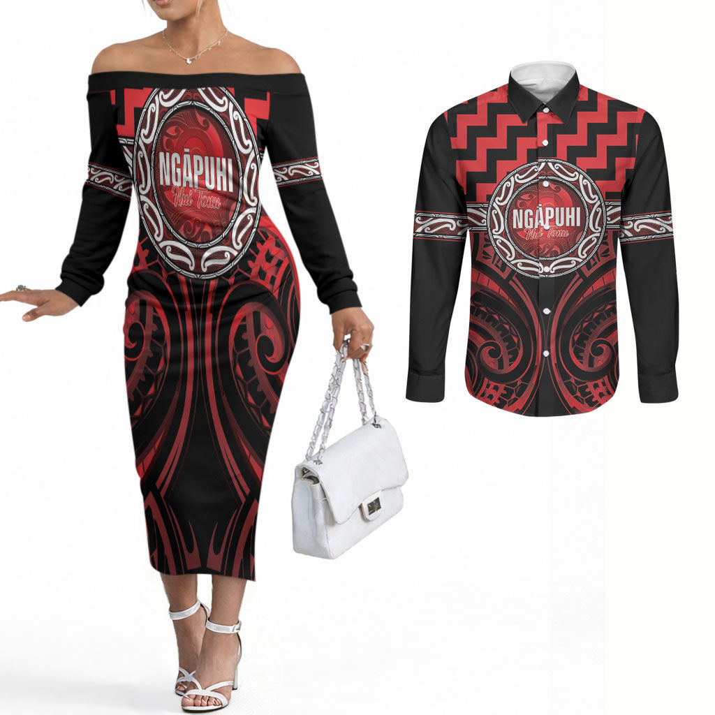 Aotearoa Ngapuhi Personalised Couples Matching Off The Shoulder Long Sleeve Dress and Long Sleeve Button Shirt Maori Iwi Poutama Puhoro Tattoo
