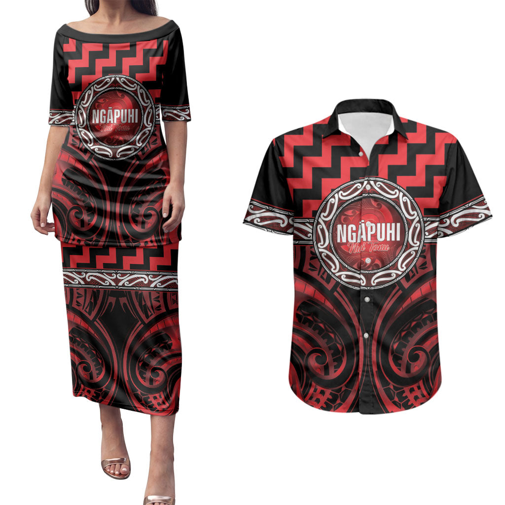 Aotearoa Ngapuhi Personalised Couples Matching Puletasi and Hawaiian Shirt Maori Iwi Poutama Puhoro Tattoo LT14 Red - Polynesian Pride
