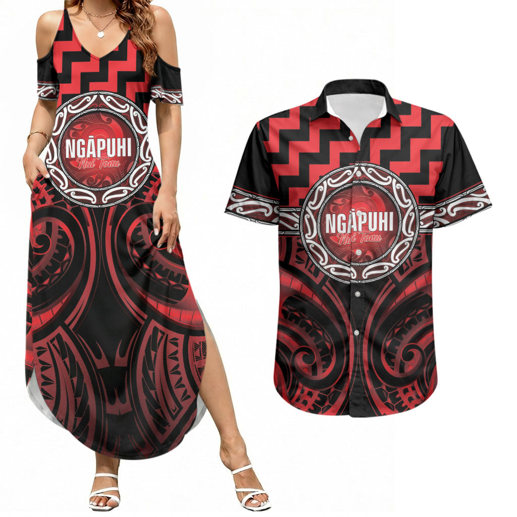 Aotearoa Ngapuhi Personalised Couples Matching Summer Maxi Dress and Hawaiian Shirt Maori Iwi Poutama Puhoro Tattoo