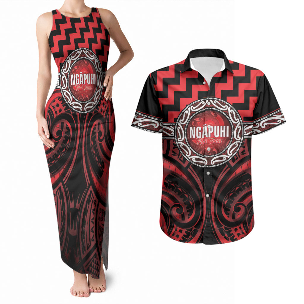 Aotearoa Ngapuhi Personalised Couples Matching Tank Maxi Dress and Hawaiian Shirt Maori Iwi Poutama Puhoro Tattoo