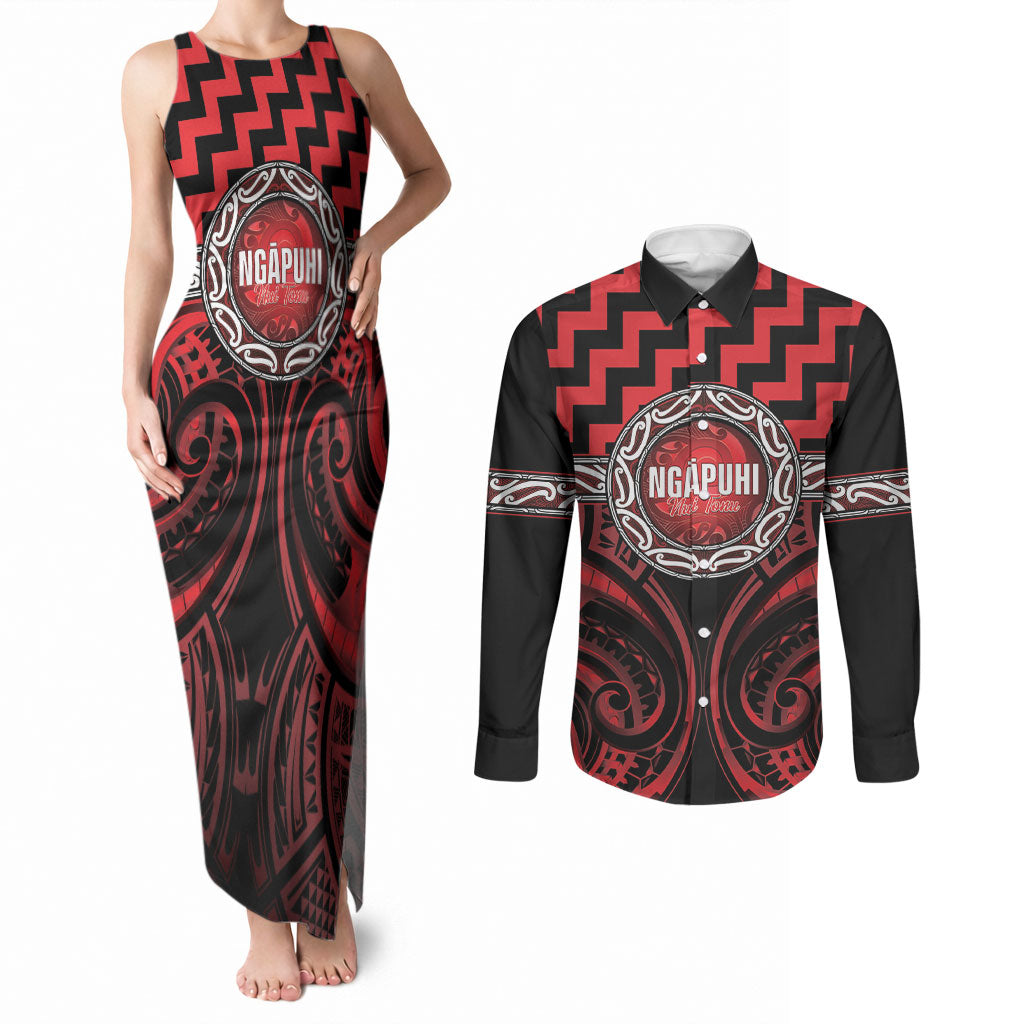 Aotearoa Ngapuhi Personalised Couples Matching Tank Maxi Dress and Long Sleeve Button Shirt Maori Iwi Poutama Puhoro Tattoo