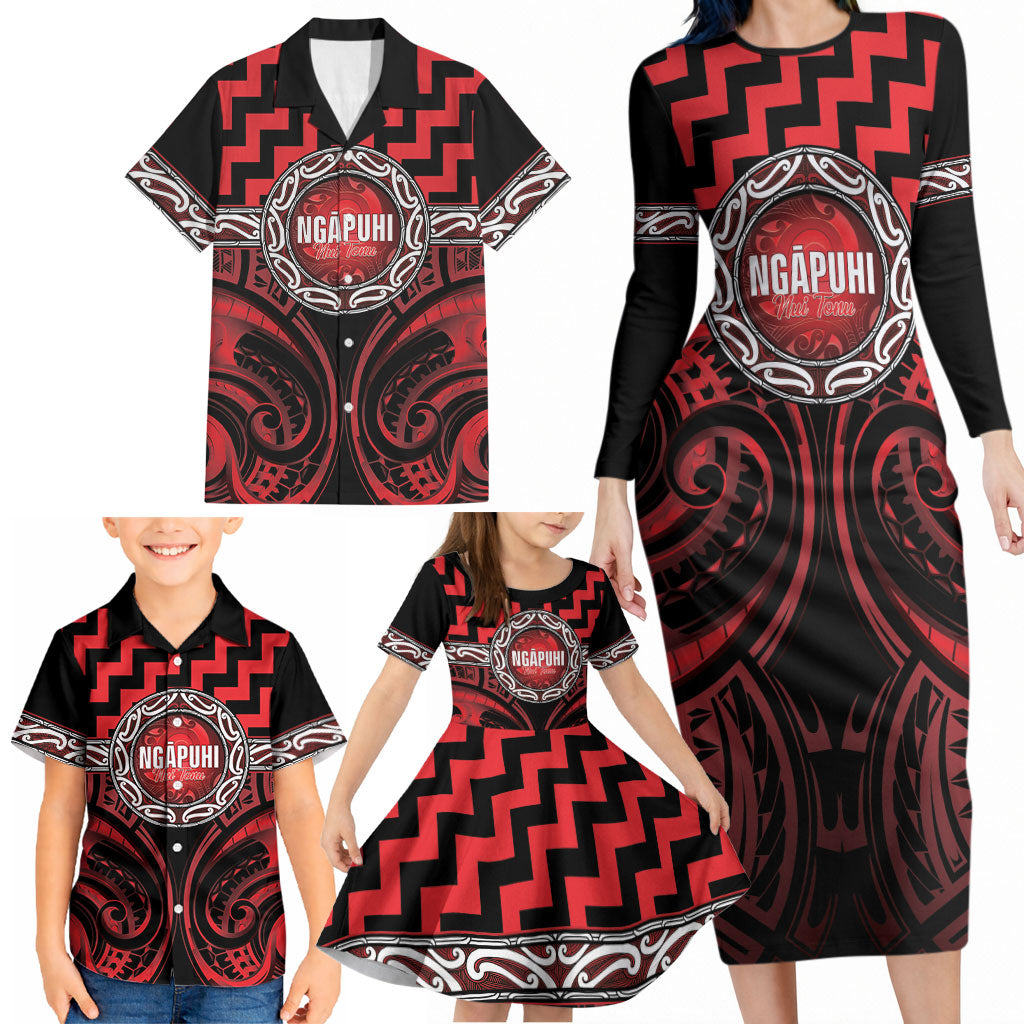 Aotearoa Ngapuhi Personalised Family Matching Long Sleeve Bodycon Dress and Hawaiian Shirt Maori Iwi Poutama Puhoro Tattoo LT14 - Polynesian Pride