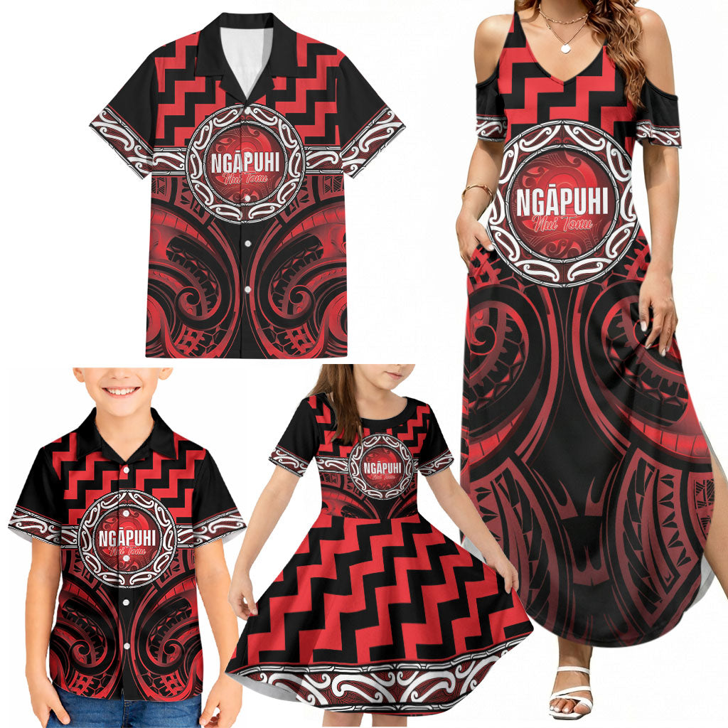 Aotearoa Ngapuhi Personalised Family Matching Summer Maxi Dress and Hawaiian Shirt Maori Iwi Poutama Puhoro Tattoo