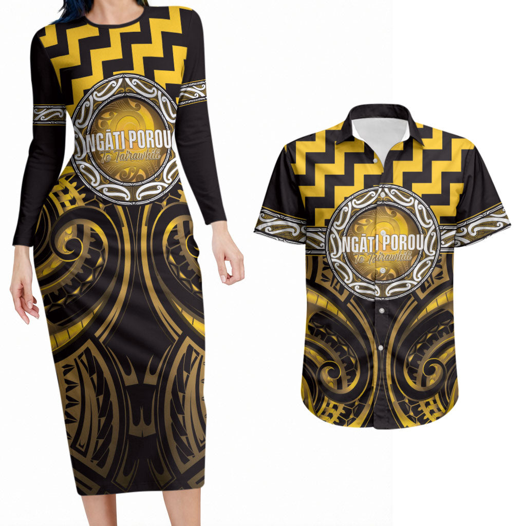 Aotearoa Ngati Porou Personalised Couples Matching Long Sleeve Bodycon Dress and Hawaiian Shirt Maori Iwi Poutama Puhoro Tattoo