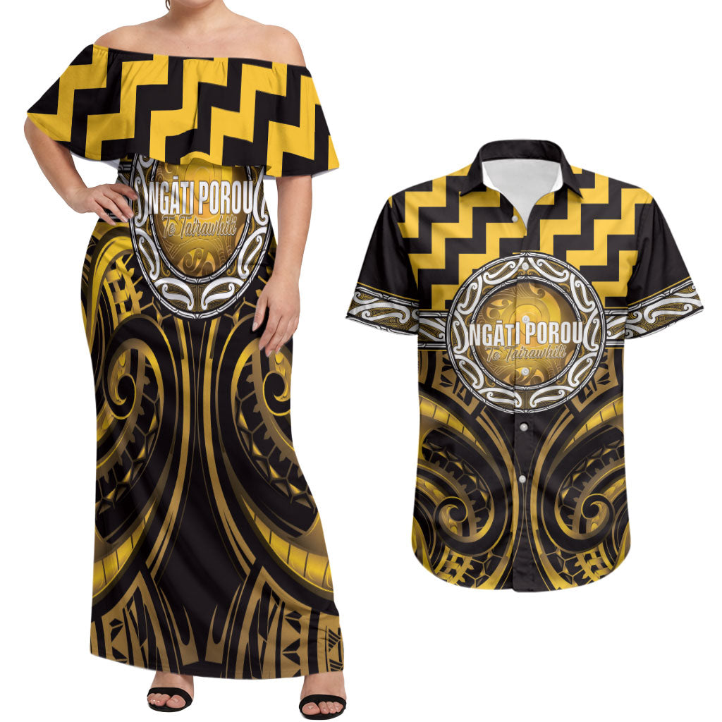 Aotearoa Ngati Porou Personalised Couples Matching Off Shoulder Maxi Dress and Hawaiian Shirt Maori Iwi Poutama Puhoro Tattoo