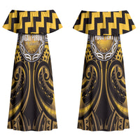 Aotearoa Ngati Porou Personalised Couples Matching Off Shoulder Maxi Dress and Long Sleeve Button Shirt Maori Iwi Poutama Puhoro Tattoo