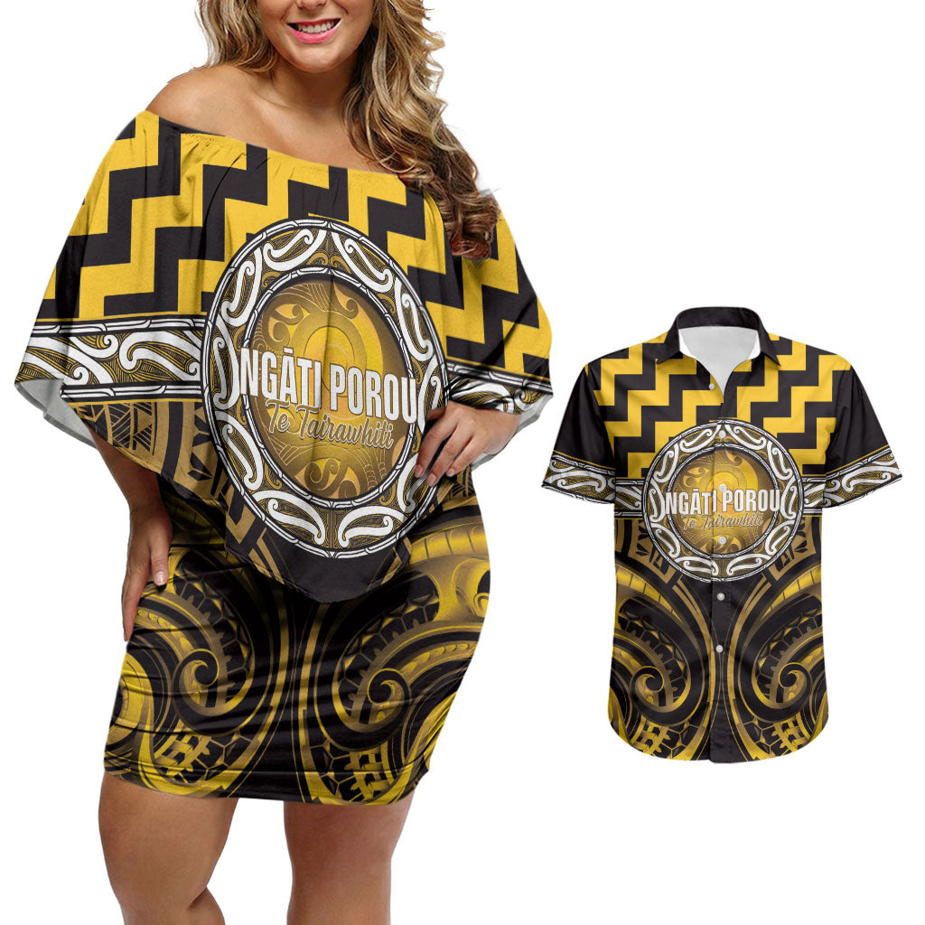 Aotearoa Ngati Porou Personalised Couples Matching Off Shoulder Short Dress and Hawaiian Shirt Maori Iwi Poutama Puhoro Tattoo
