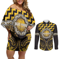 Aotearoa Ngati Porou Personalised Couples Matching Off Shoulder Short Dress and Long Sleeve Button Shirt Maori Iwi Poutama Puhoro Tattoo