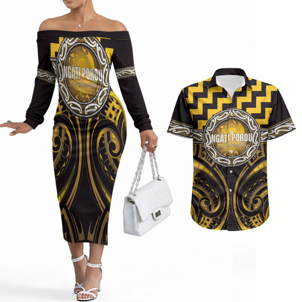 Aotearoa Ngati Porou Personalised Couples Matching Off The Shoulder Long Sleeve Dress and Hawaiian Shirt Maori Iwi Poutama Puhoro Tattoo