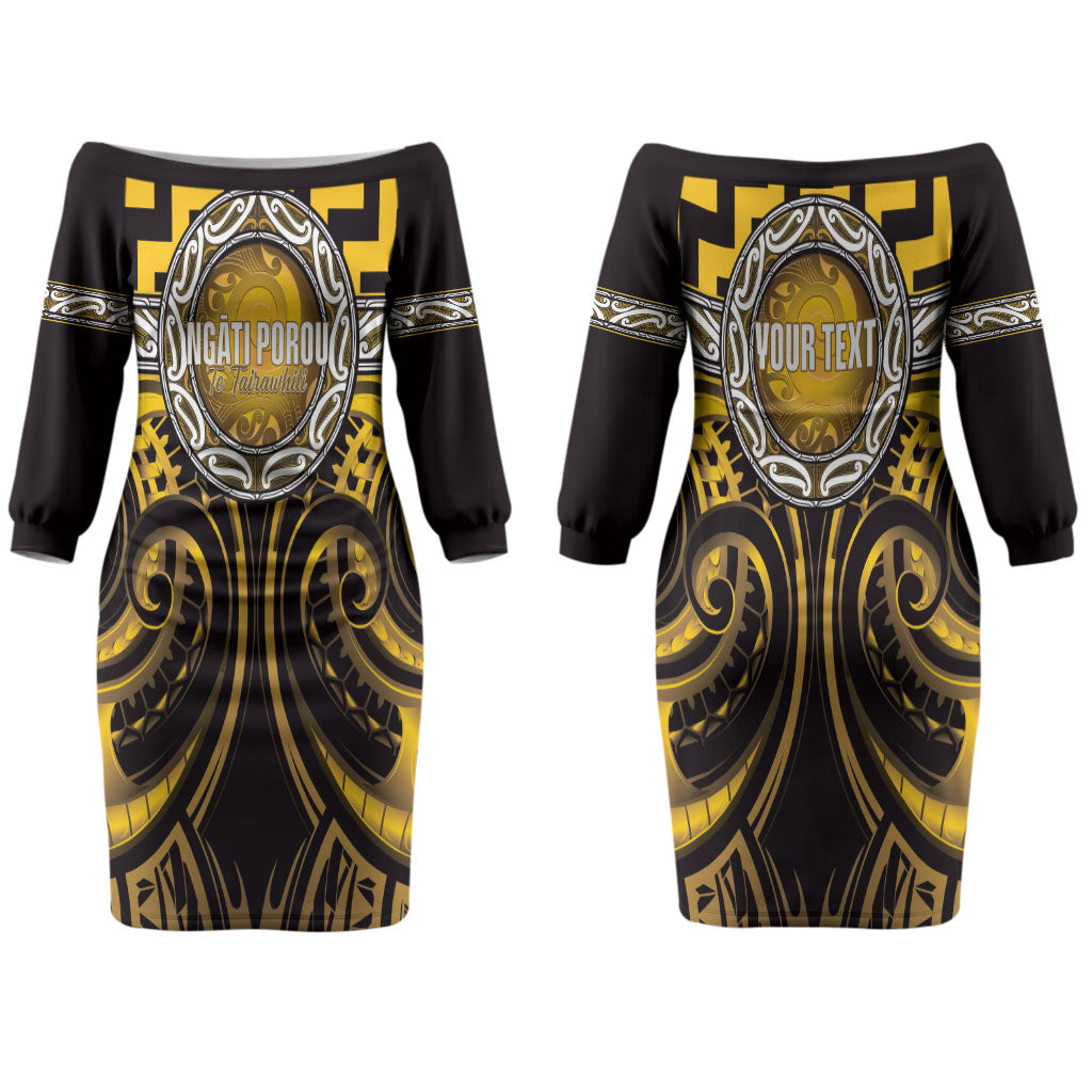 Aotearoa Ngati Porou Personalised Couples Matching Off The Shoulder Long Sleeve Dress and Hawaiian Shirt Maori Iwi Poutama Puhoro Tattoo