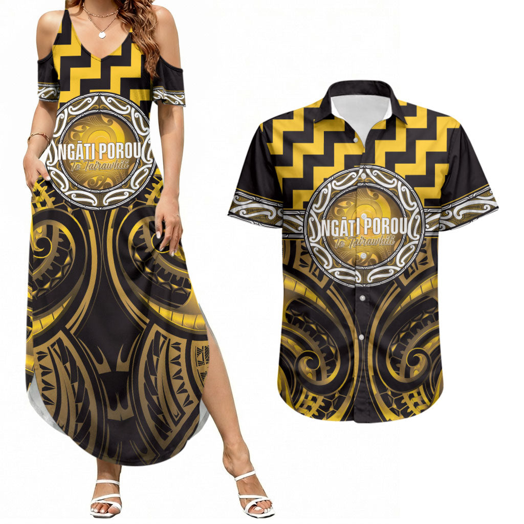 Aotearoa Ngati Porou Personalised Couples Matching Summer Maxi Dress and Hawaiian Shirt Maori Iwi Poutama Puhoro Tattoo