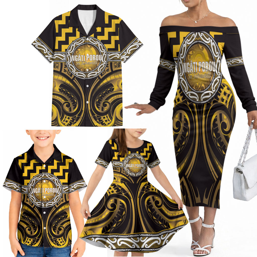Aotearoa Ngati Porou Personalised Family Matching Off The Shoulder Long Sleeve Dress and Hawaiian Shirt Maori Iwi Poutama Puhoro Tattoo