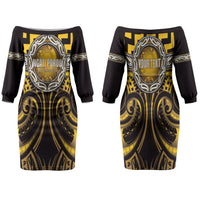 Aotearoa Ngati Porou Personalised Family Matching Off The Shoulder Long Sleeve Dress and Hawaiian Shirt Maori Iwi Poutama Puhoro Tattoo