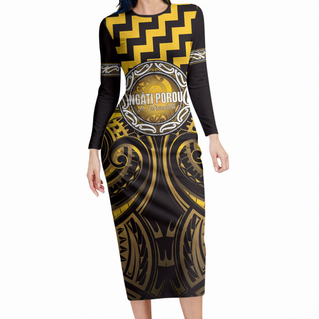 Aotearoa Ngati Porou Personalised Long Sleeve Bodycon Dress Maori Iwi Poutama Puhoro Tattoo