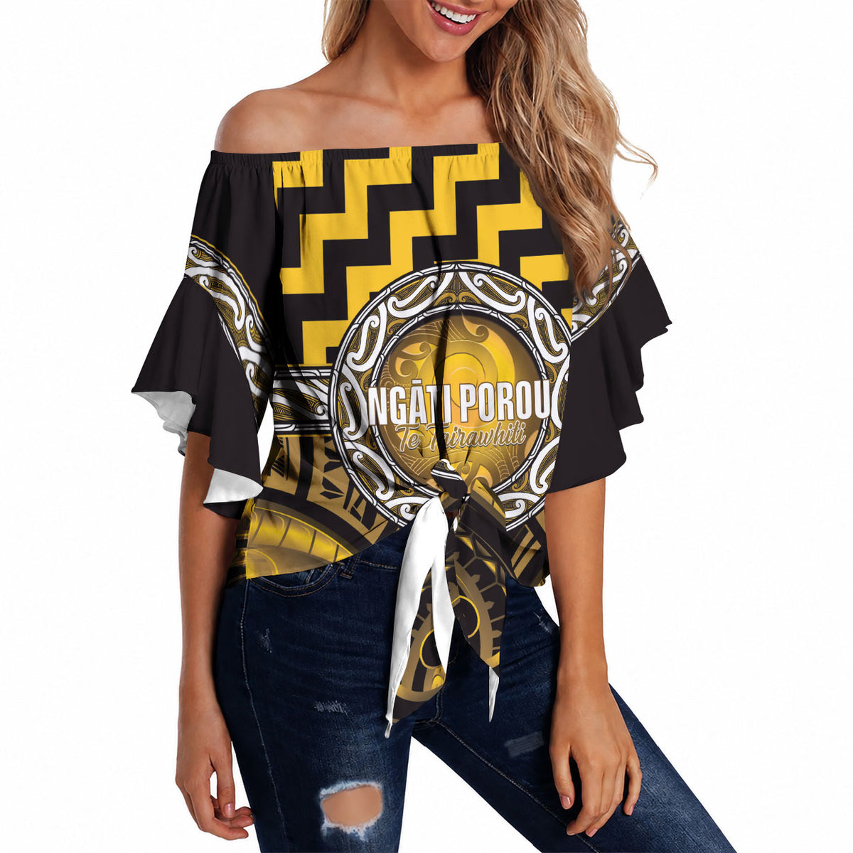 Aotearoa Ngati Porou Personalised Off Shoulder Wrap Waist Top Maori Iwi Poutama Puhoro Tattoo