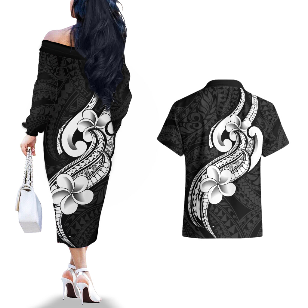 Polynesia Couples Matching Off The Shoulder Long Sleeve Dress and Hawaiian Shirt Plumeria With Tribal Pattern Black Vibes LT14 - Polynesian Pride