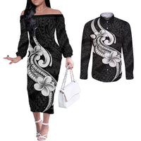 Polynesia Couples Matching Off The Shoulder Long Sleeve Dress and Long Sleeve Button Shirts Plumeria With Tribal Pattern Black Vibes LT14 Black - Polynesian Pride