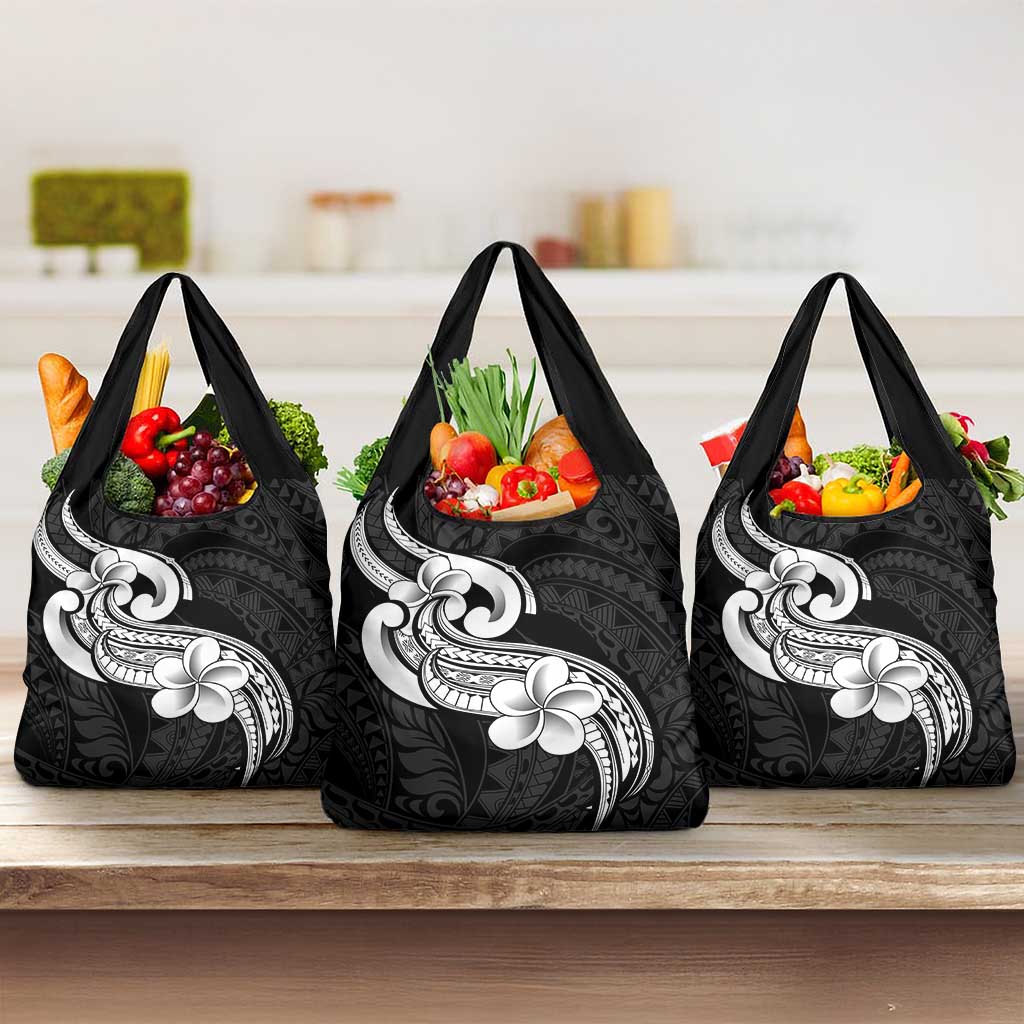 Polynesia Grocery Bag Plumeria With Tribal Pattern Black LT14 3-pack One Size Black - Polynesian Pride