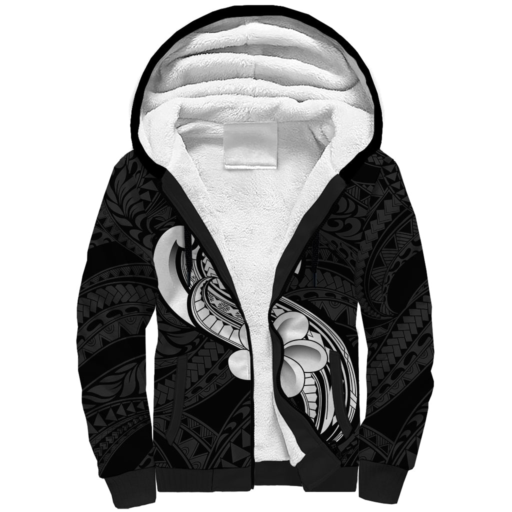 Polynesia Sherpa Hoodie Plumeria With Tribal Pattern Black Vibes LT14 Unisex Black - Polynesian Pride