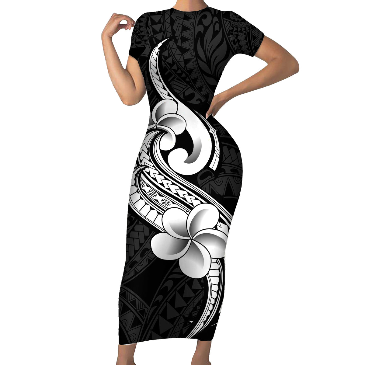 Polynesia Short Sleeve Bodycon Dress Plumeria With Tribal Pattern Black Vibes LT14 Long Dress Black - Polynesian Pride