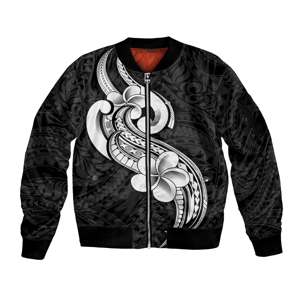 Polynesia Sleeve Zip Bomber Jacket Plumeria With Tribal Pattern Black Vibes LT14 Unisex Black - Polynesian Pride