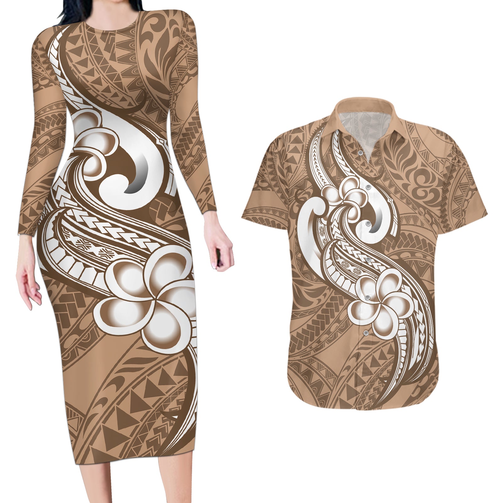 Polynesia Couples Matching Long Sleeve Bodycon Dress and Hawaiian Shirt Plumeria With Tribal Pattern Brown Pastel Vibes LT14 Brown - Polynesian Pride