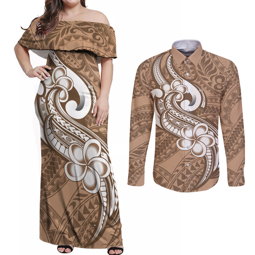 Polynesia Couples Matching Off Shoulder Maxi Dress and Long Sleeve Button Shirts Plumeria With Tribal Pattern Brown Pastel Vibes LT14 Brown - Polynesian Pride
