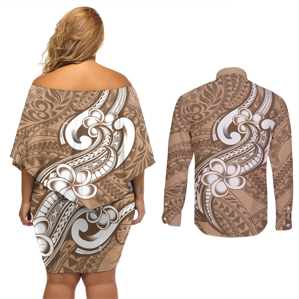 Polynesia Couples Matching Off Shoulder Short Dress and Long Sleeve Button Shirts Plumeria With Tribal Pattern Brown Pastel Vibes LT14 - Polynesian Pride
