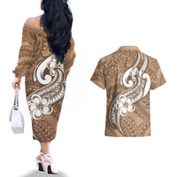 Polynesia Couples Matching Off The Shoulder Long Sleeve Dress and Hawaiian Shirt Plumeria With Tribal Pattern Brown Pastel Vibes LT14 - Polynesian Pride
