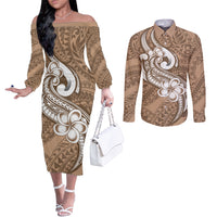 Polynesia Couples Matching Off The Shoulder Long Sleeve Dress and Long Sleeve Button Shirts Plumeria With Tribal Pattern Brown Pastel Vibes LT14 Brown - Polynesian Pride