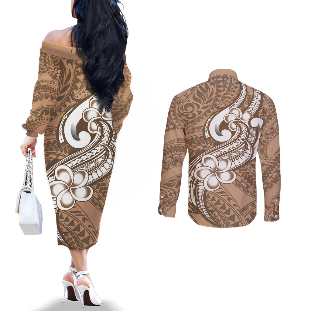 Polynesia Couples Matching Off The Shoulder Long Sleeve Dress and Long Sleeve Button Shirts Plumeria With Tribal Pattern Brown Pastel Vibes LT14 - Polynesian Pride