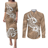 Polynesia Couples Matching Puletasi Dress and Long Sleeve Button Shirts Plumeria With Tribal Pattern Brown Pastel Vibes LT14 Brown - Polynesian Pride
