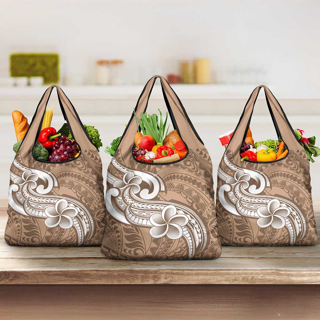 Polynesia Grocery Bag Plumeria With Tribal Pattern Brown Pastel LT14 3-pack One Size Brown - Polynesian Pride