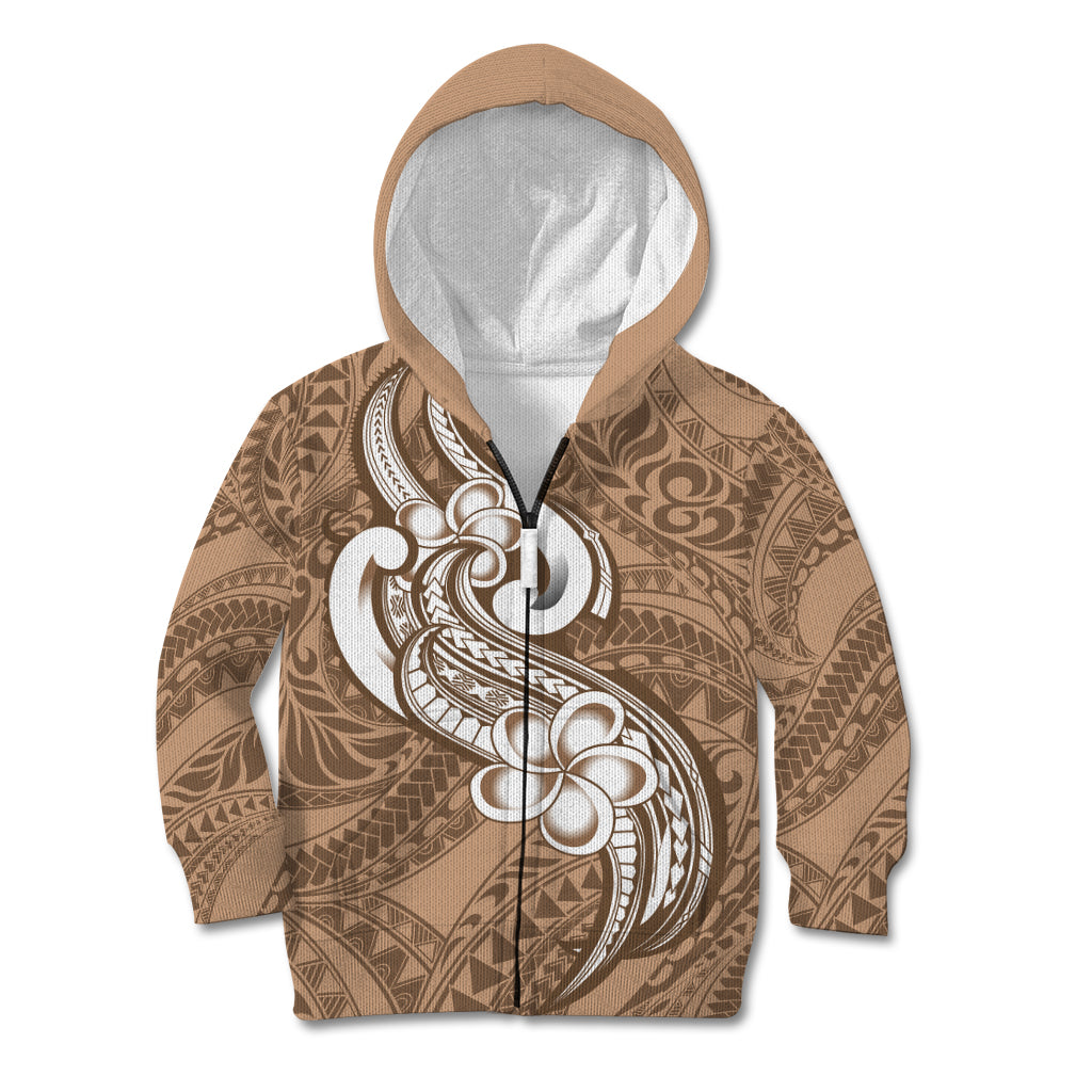 Polynesia Kid Hoodie Plumeria With Tribal Pattern Brown Pastel Vibes LT14 Zip Hoodie Brown - Polynesian Pride