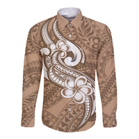 Polynesia Long Sleeve Button Shirt Plumeria With Tribal Pattern Brown Pastel Vibes LT14 Unisex Brown - Polynesian Pride