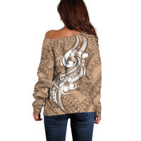 Polynesia Off Shoulder Sweater Plumeria With Tribal Pattern Brown Pastel Vibes LT14 - Polynesian Pride
