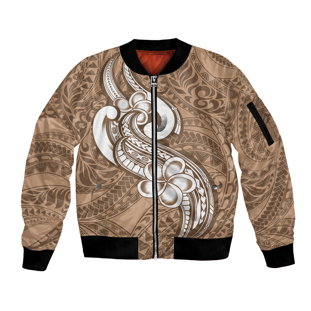Polynesia Sleeve Zip Bomber Jacket Plumeria With Tribal Pattern Brown Pastel Vibes LT14 Unisex Brown - Polynesian Pride
